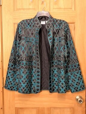 Chico's Open Front Jacket Lightweight Polyester Black Green Women's 2 LG Preppy